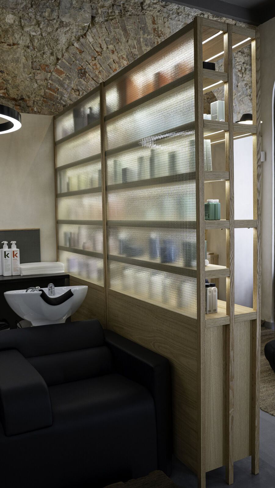 Shelving with wired glass and light, Cut & Shout