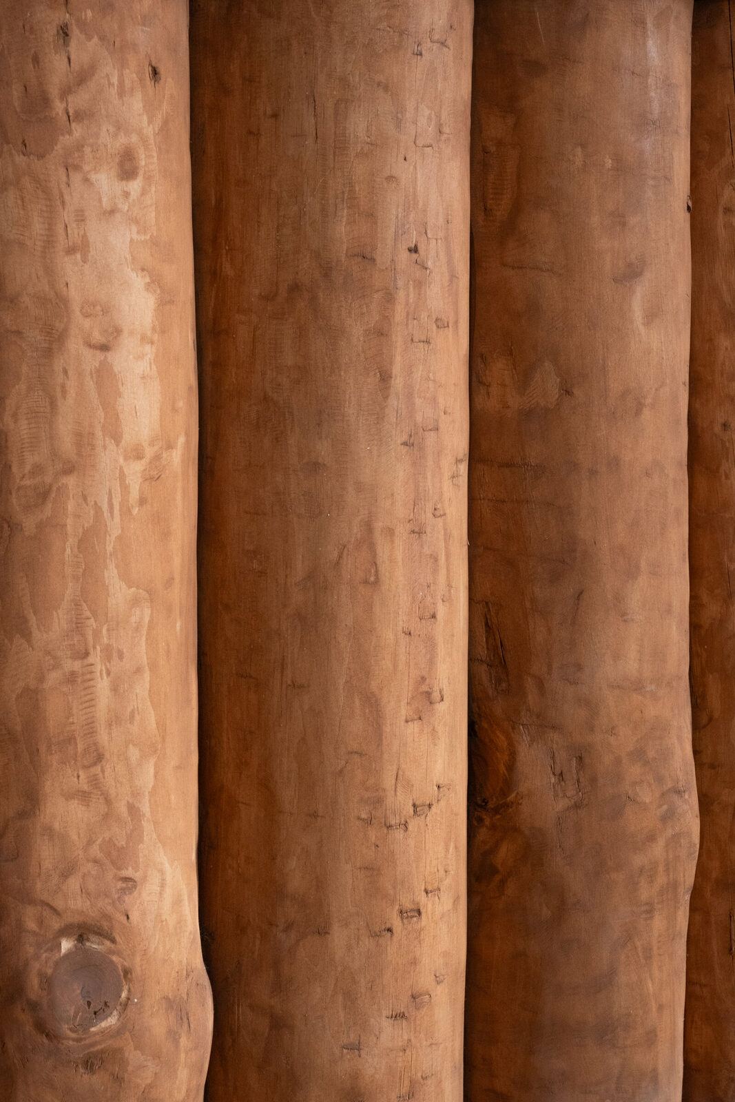 Tree trunks cladding the counter, close up