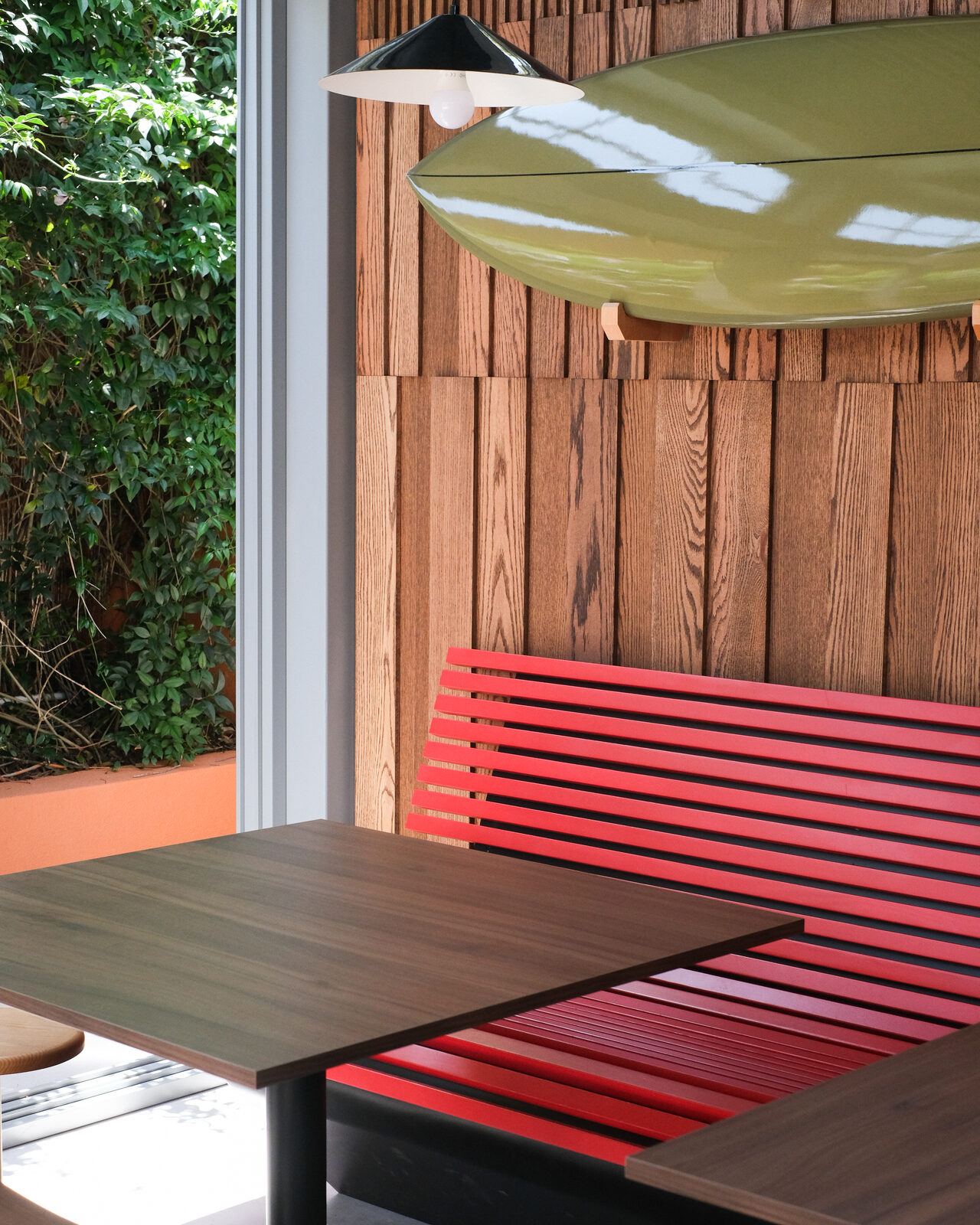 Red bench and dark tables, ULU