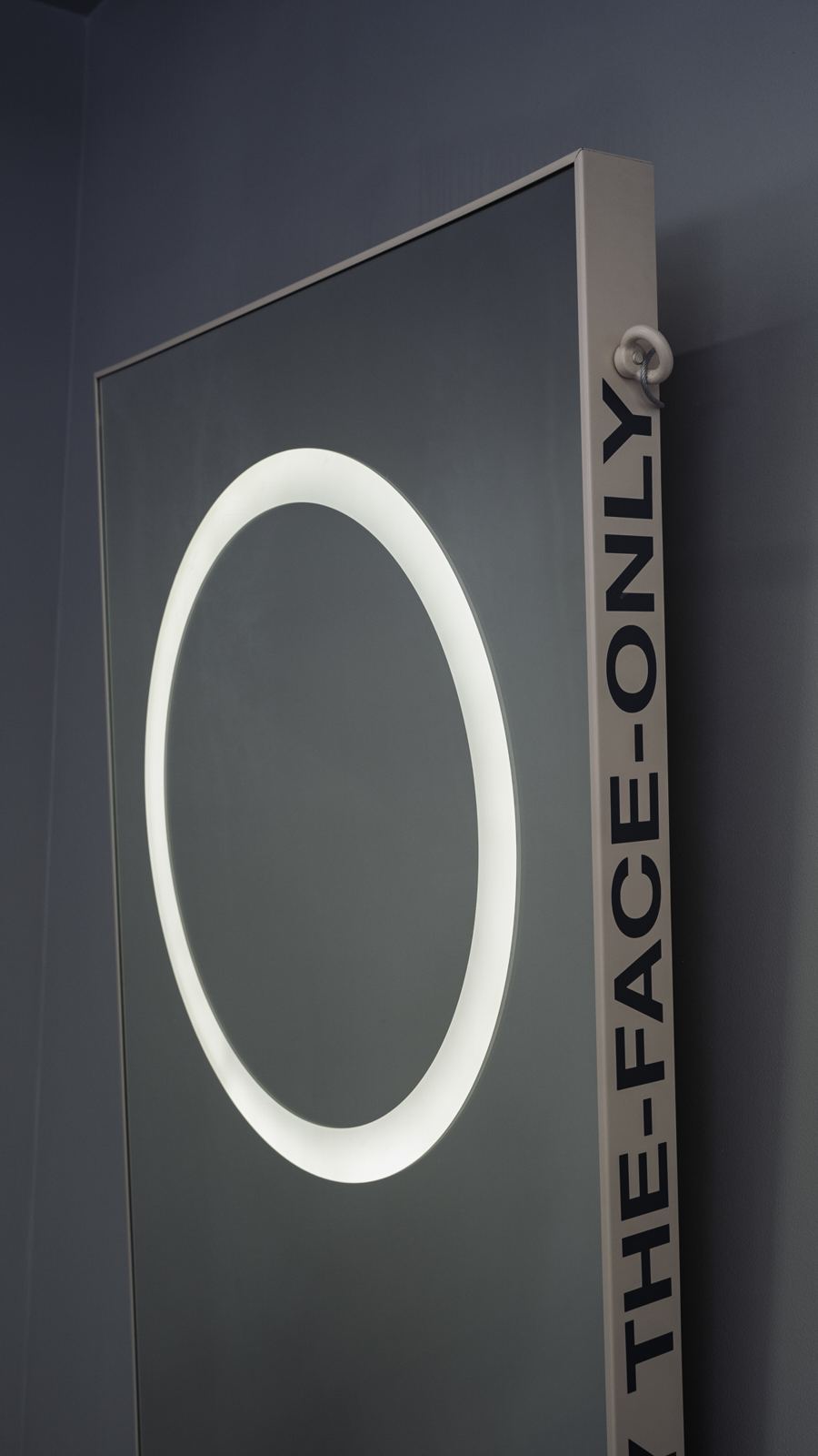 Mirror with circular backlight in a steel frame
