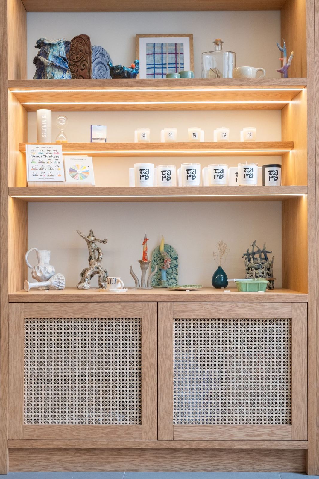 Taro, Lisbon: oak and cane display wall